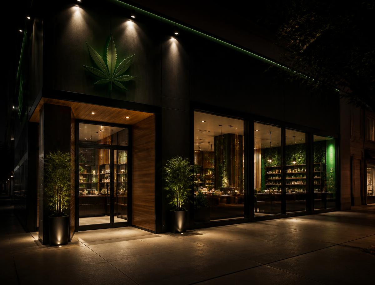 Canna Blooms Farmingville dispensary storefront at night