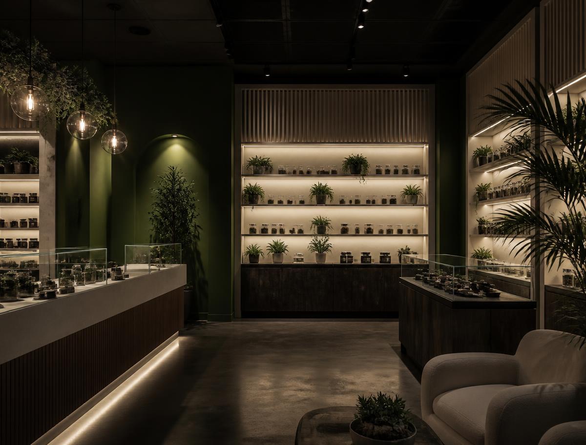 Canna Blooms Queens dispensary interior with lit product shelving
