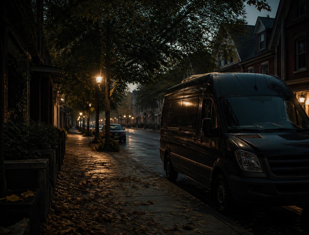 Delivery van parked on a quiet tree-lined street at dusk